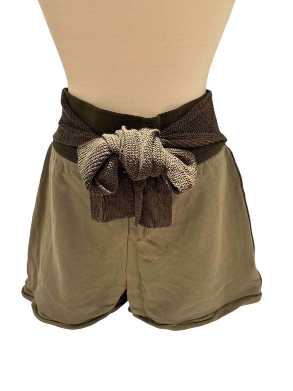 PHILLIP LIM army green jersey shorts with statement tie bow/cinch - size s